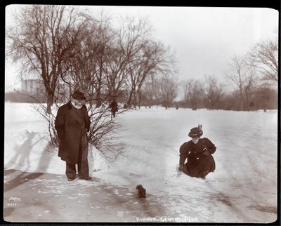 Ansicht einer Frau, die ein Eichhörnchen füttert, während ein Mann im Schnee im Central Park, New York, 1898 zusieht von Byron Company